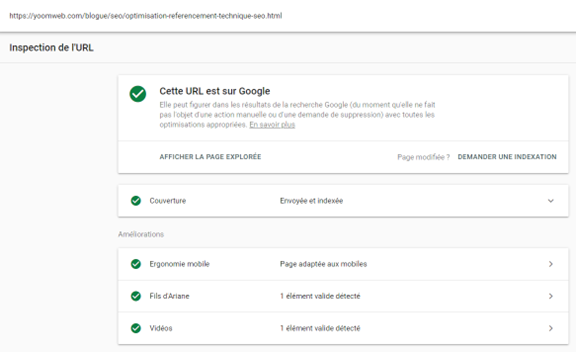 Outil de linspection de lurl de Google Search Consol 2