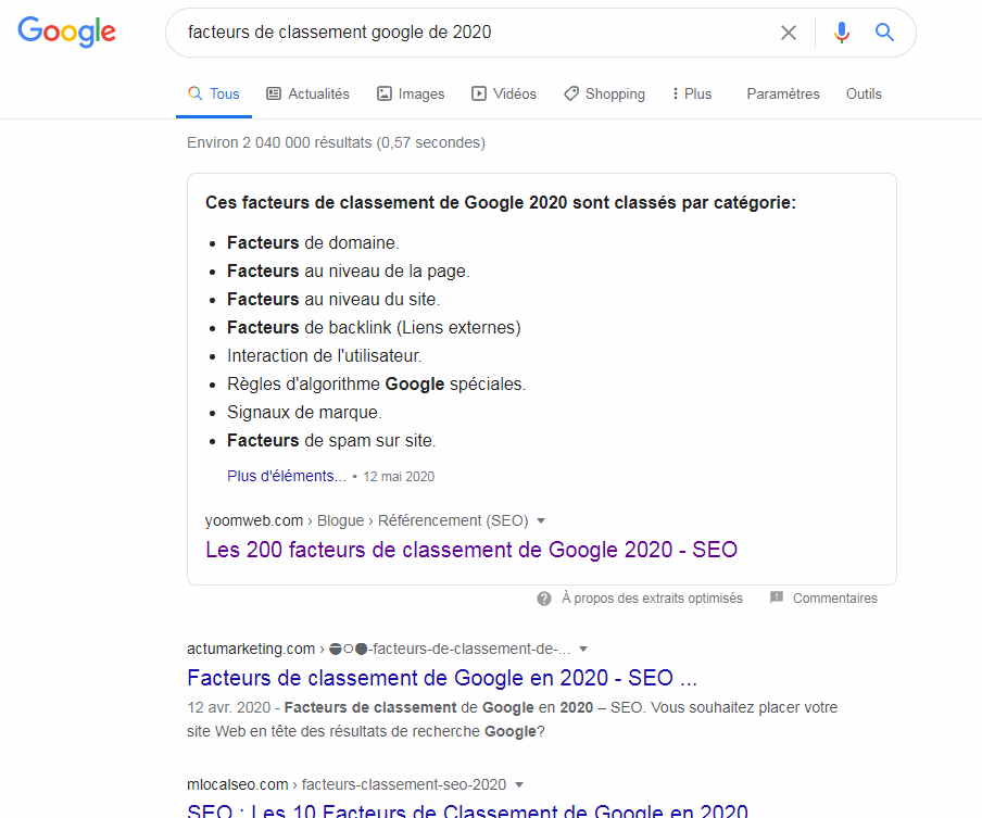 facteurs de classement google 2020