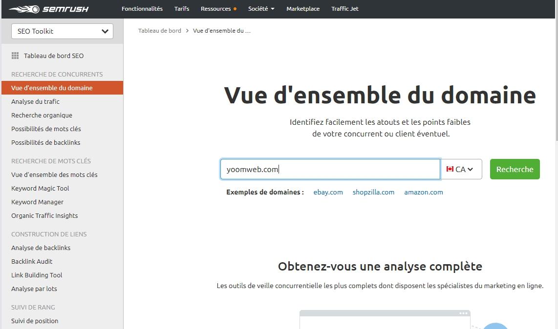 SEMrush analyse seo technique du site Yoomweb.com