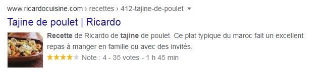 Un exemple de résultat de recette riche alimenté par des données structurées