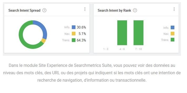 Dans le module Site Experience de Searchmetrics Suite, vous pouvez voir des données au niveau des mots clés, des URL ou des projets qui indiquent si les mots clés ont une intention de recherche de navigation, d'information ou transactionnelle.