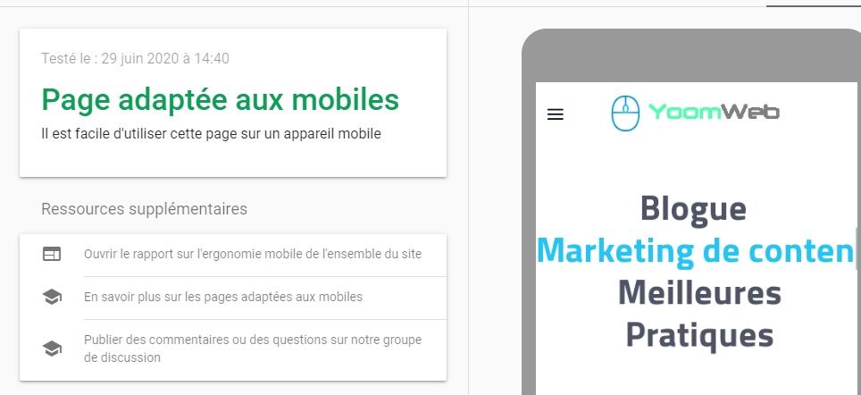 resultat pagespeed sur Yoomweb. Pages adaptées aux mobiles (mobile friendly)