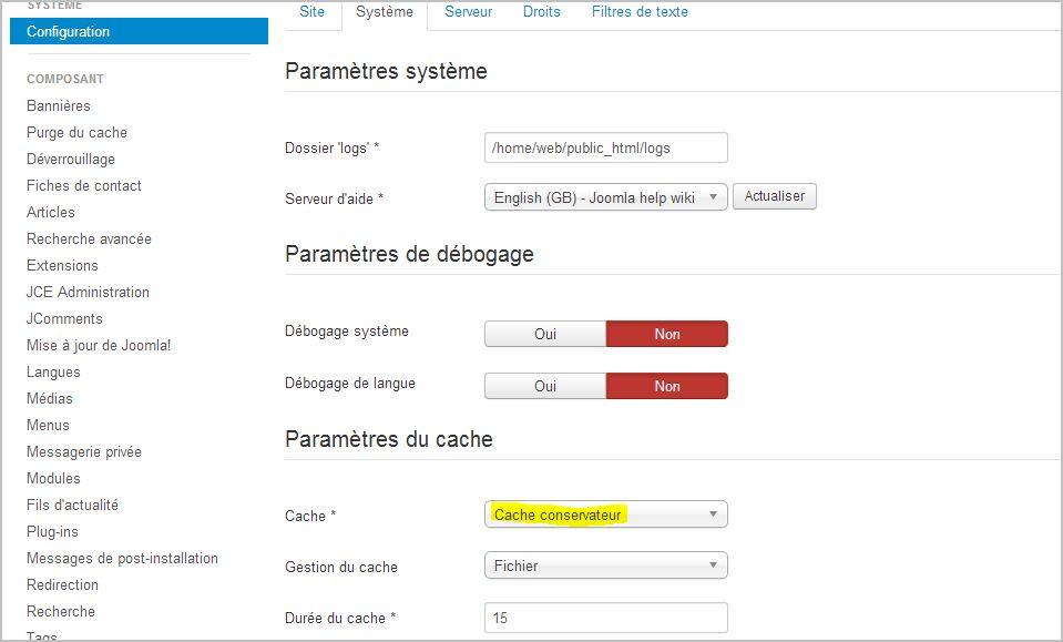 Configurer cache joomla 3 - vitesse site joomla