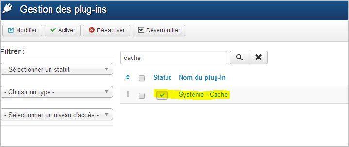 activer plugin cache joomla - mise en cache - compression